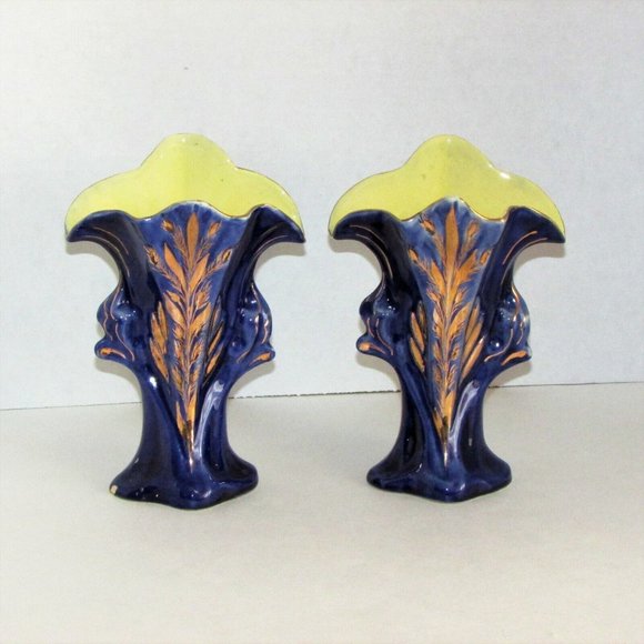 2 Antique Vases JACK-IN-THE PULPIT Ceramic Hand Painted Cobalt Blue Gold Vintage - Picture 10 of 10